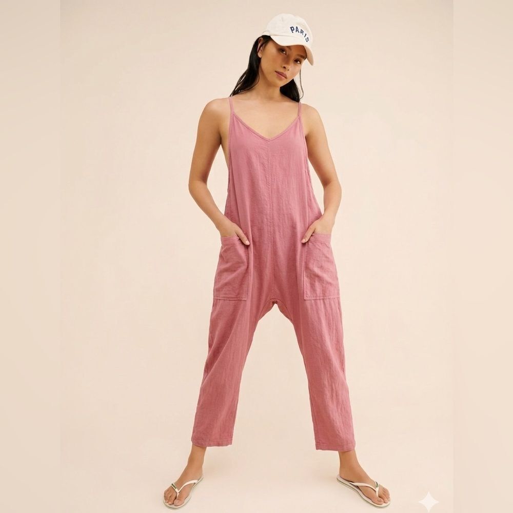 Pink Boho Harem Jumpsuit-Romper Overalls Drop Crotch Apron Back Zip Pocket OSFM